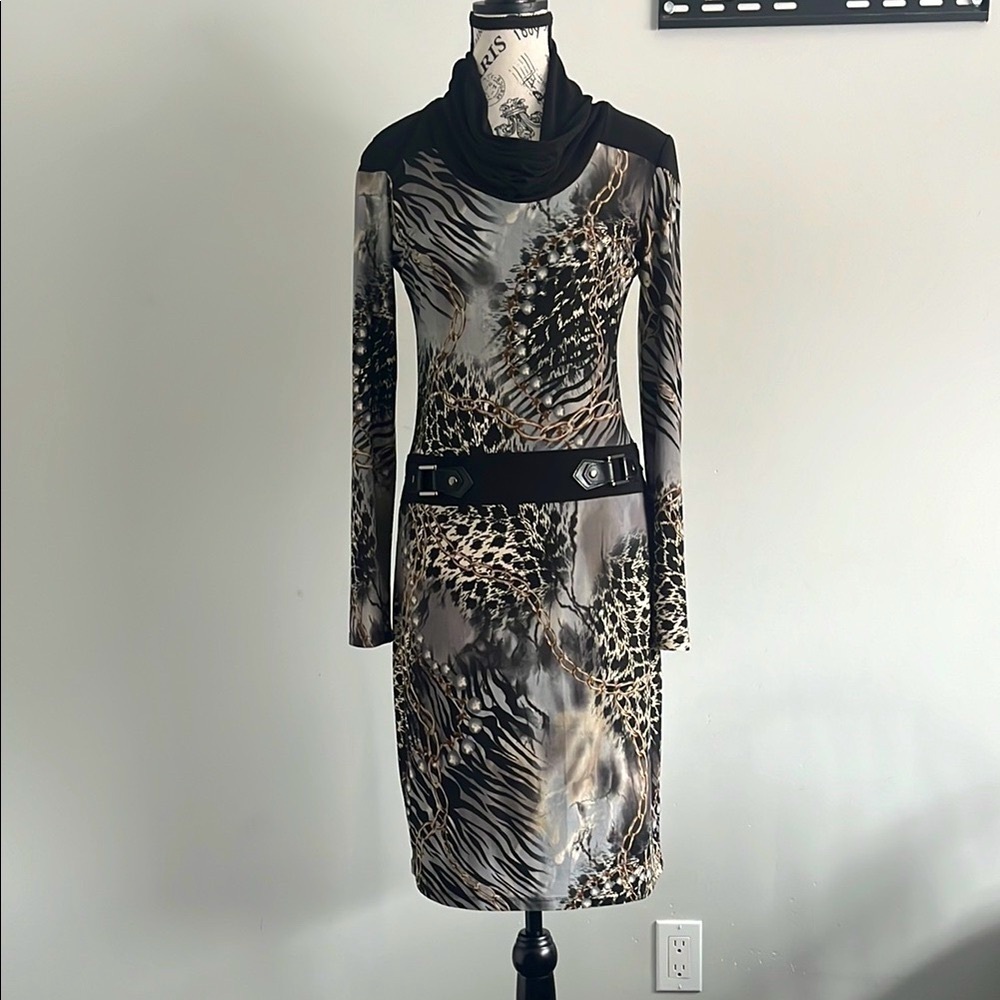 🇨🇦 Frank Lyman Animal Black Gray Leopard print Cowl Midi Dress Size Small